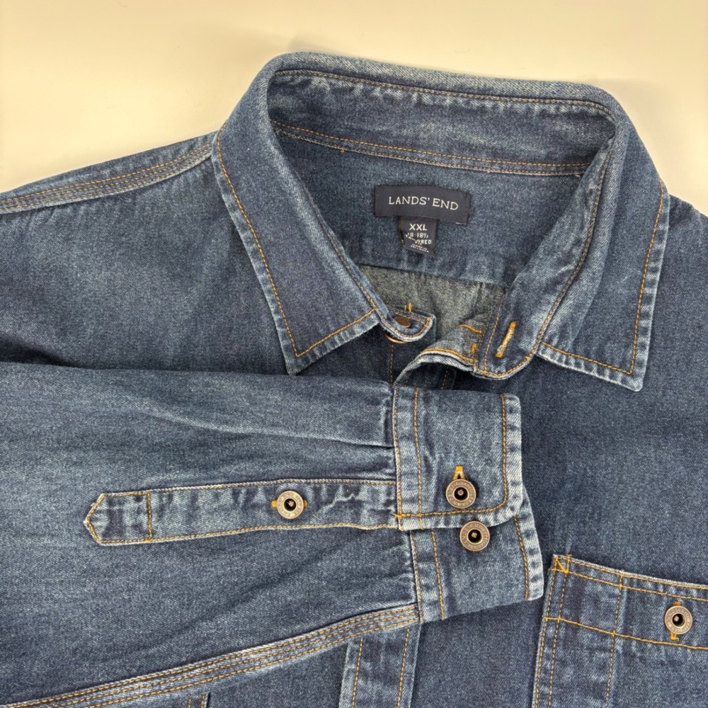 Lands' End‎ Mens XXL Tailored Fit Denim Button Down Shirt Medium Wash Blue L Slv